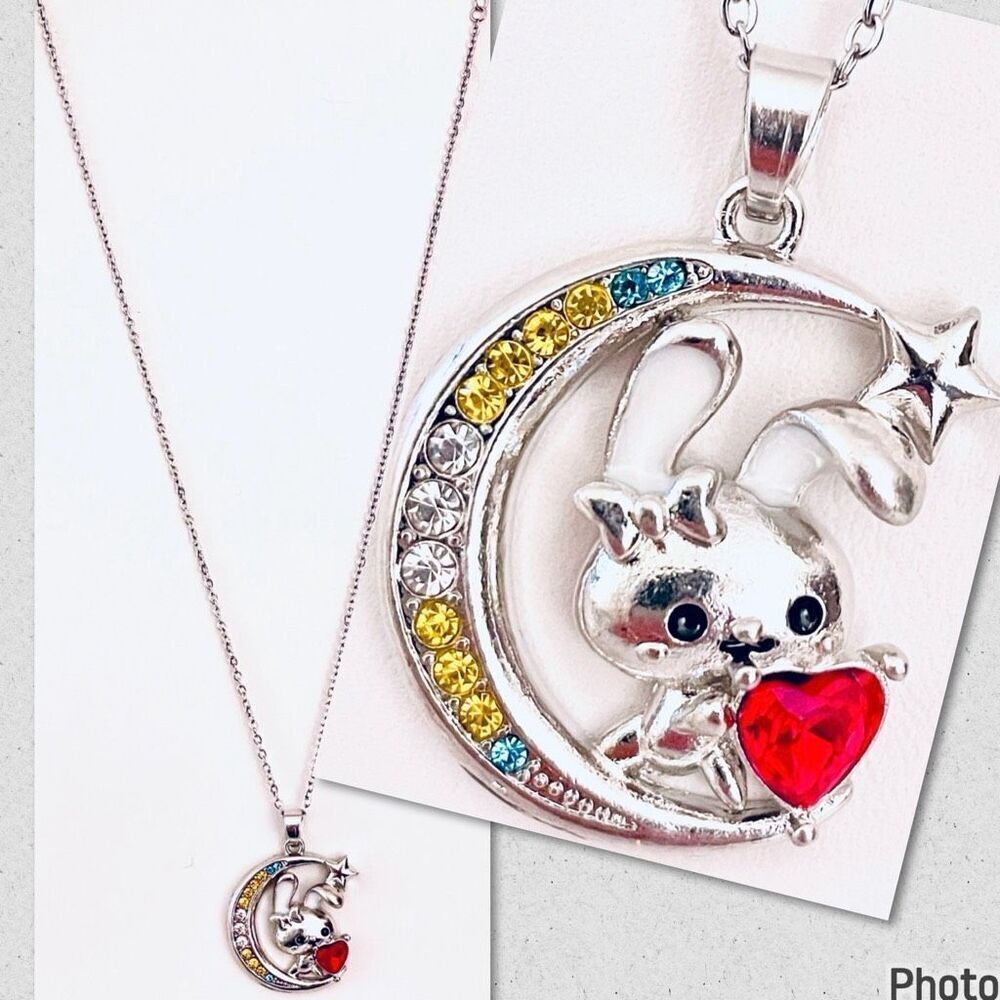 NWT Silver Rabbit on a Crescent Moon with Red Heart Bling Rhinestones Necklace